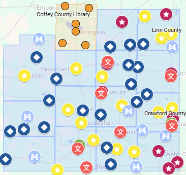 SEKLS map Map marking location of all SEKLS member libraries with link to Google maps.